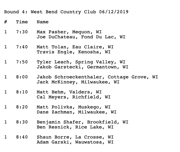 2019 WSGA State Match-Play | Round of 16 pairings